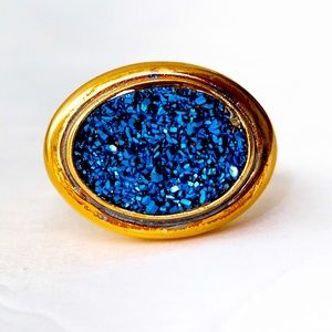 Technibond oval drusy quartz cobalt blue sterling silver ring with gold clad 10